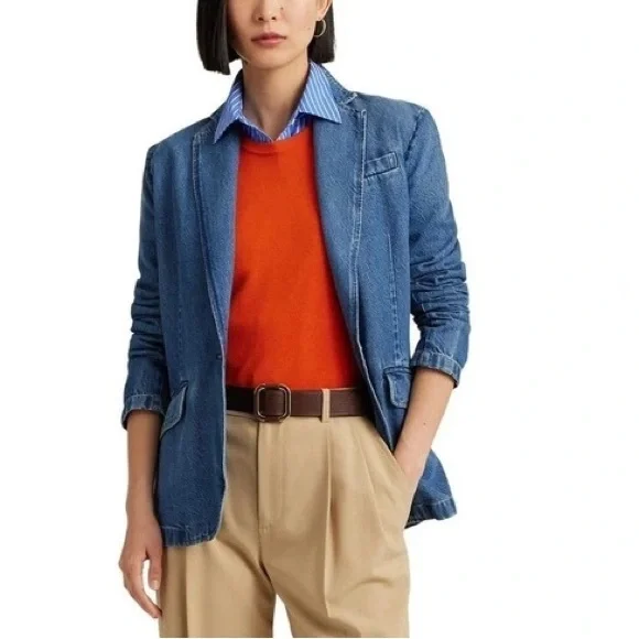 Ralph Lauren Casual Blue Cotton Denim One Button Notch Collar Blazer Jacket - Picture 5 of 16